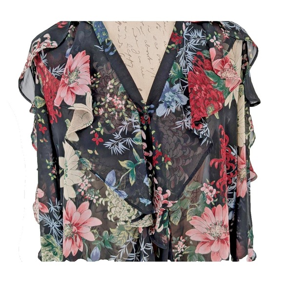 VICTORIAN Dark Fairy Blouse Top MEDIUM Black Floral Button Up Ruffles Excellent - Picture 7 of 14